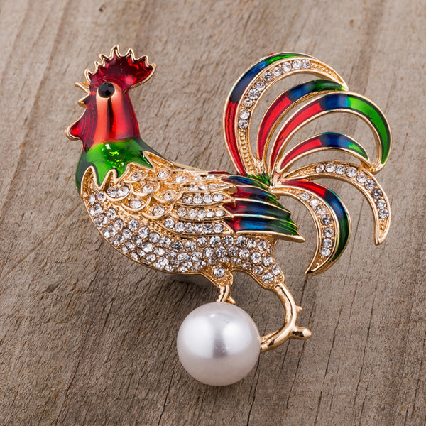 Gold Tone Multicolor Enamel Rooster Brooch With Crystals - J GOODIN