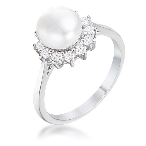 36Ct Rhodium Plated Freshwater Pearl and CZ Halo Ring R08595R-C84