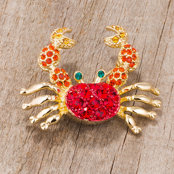 Gold Tone and Red Crab Brooch With Crystals