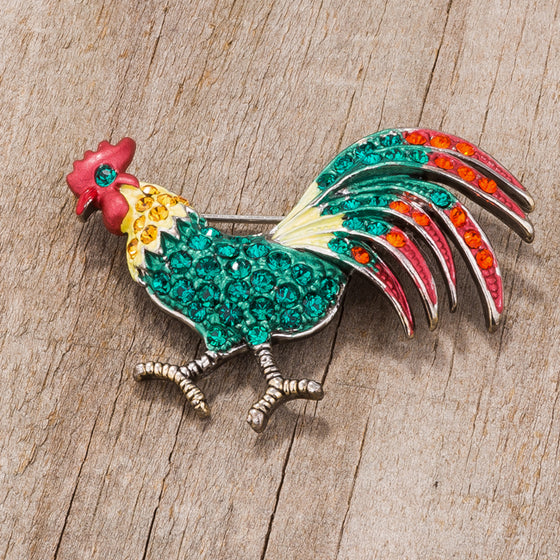 Antiqued Rooster Brooch With Crystals