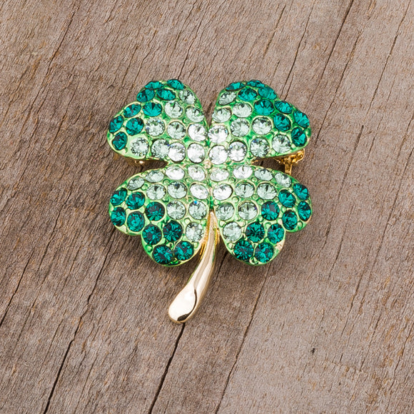 Green And Gold Tone Shamrock Brooch With Crystals