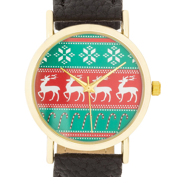 Gold Holiday Watch With Black Leather Strap