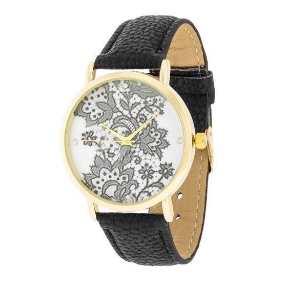 Gold Watch With Floral Print Dial