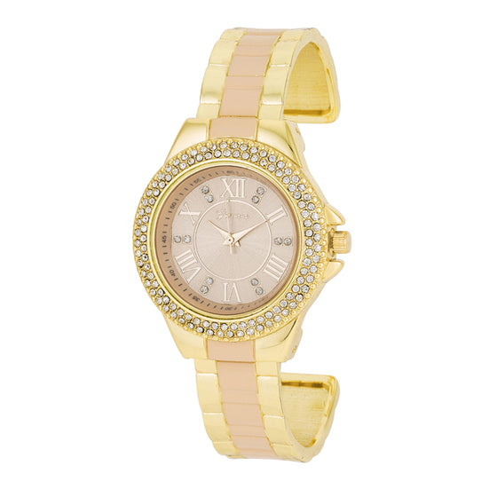 Gold Metal Cuff Watch With Crystals - Beige