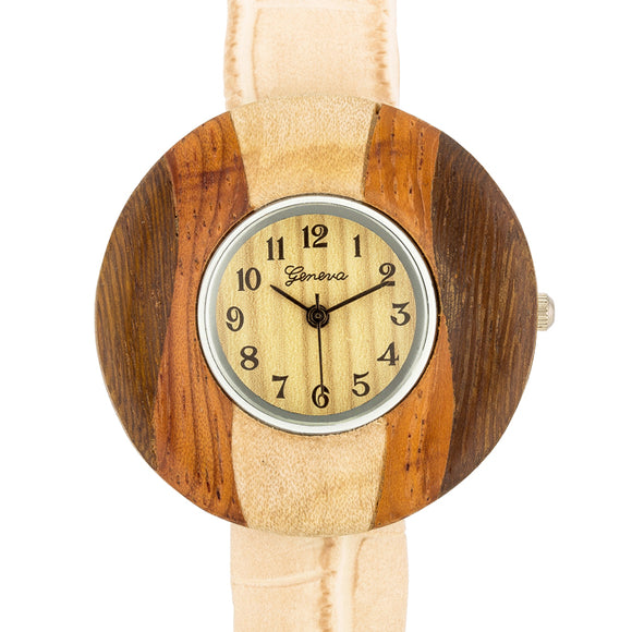 Brenna Beige Wood Inspired Leather Cuff Watch