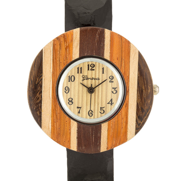 Brenna Black Wood Inspired Leather Cuff Watch