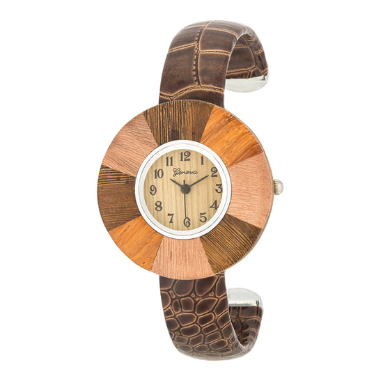 Brenna Dark Brown Wood Inspired Leather Cuff Watch