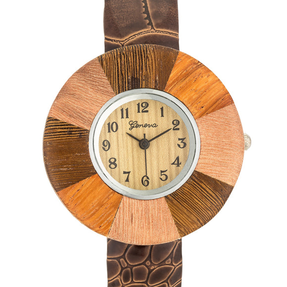Brenna Dark Brown Wood Inspired Leather Cuff Watch